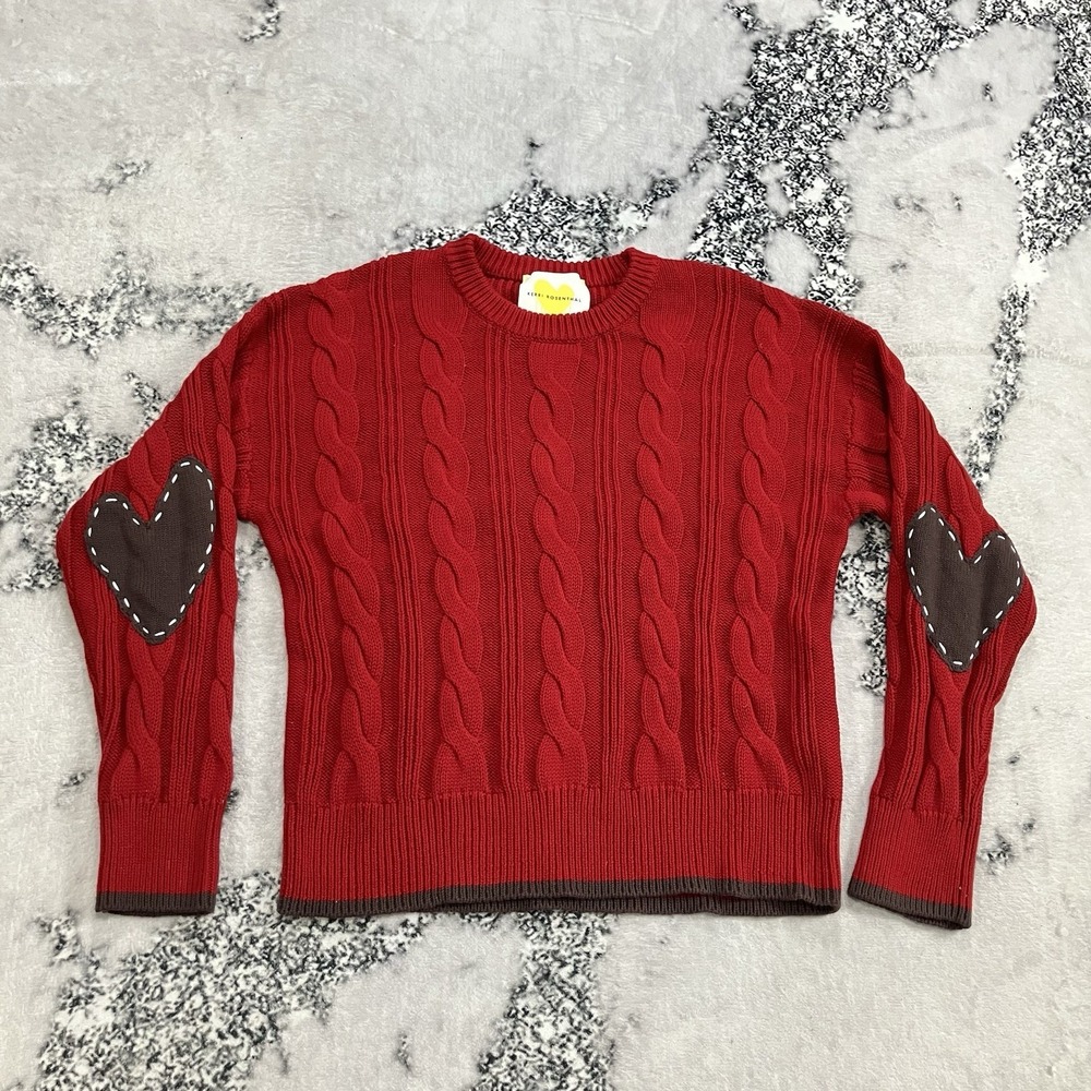 Kerri Rosenthal Red Cable Knit Sweater Heart Elbow Patch Crewneck Womens M